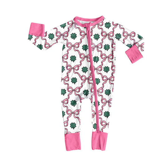 Preorder (moq 5)Baby Girls Pink Bows Clovers Checked St Patrick Zipper Footie Rompers 10.9