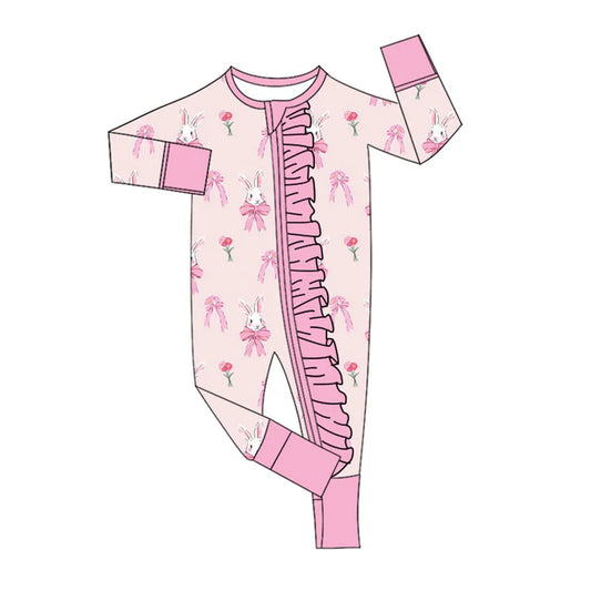 Preorder (moq 8)Baby Girls Pink Flowers Rabbits Easter Ruffle Zipper Footie Rompers 9.16