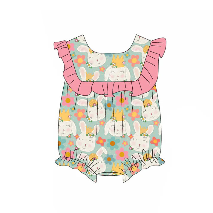 Preorder (moq 5)Baby Girls Rabbits Flowers Easter Ruffle Rompers 11.18