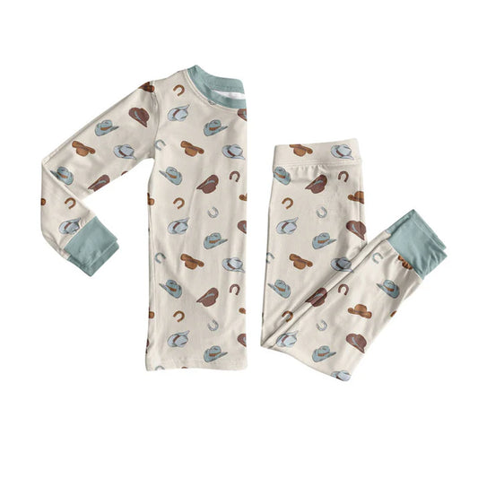 Preorder(moq 5) Baby Boys Blue Brown Hats Shoes Top Pants Western Pajamas Sets 10.9