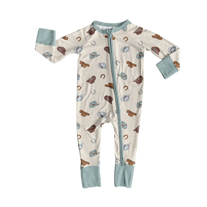 Preorder (moq 5)Baby Boys Blue Brown Hats Shoes Western Zipper Footie Rompers 10.9
