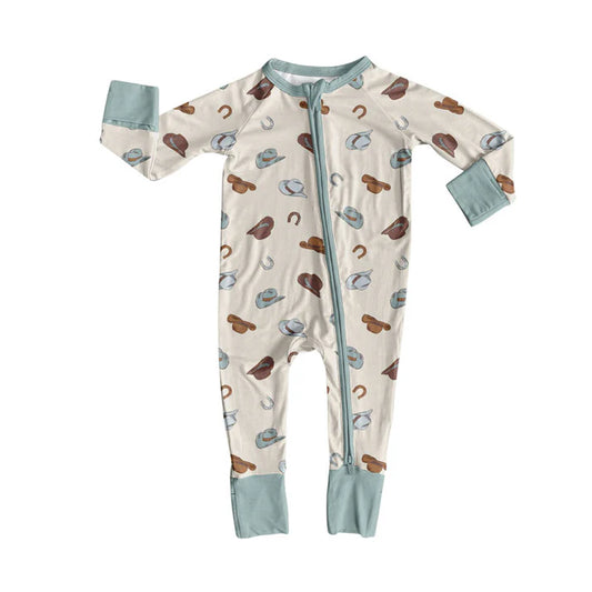 Preorder (moq 5)Baby Boys Blue Brown Hats Shoes Western Zipper Footie Rompers 10.9