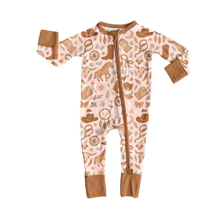 Preorder (moq 5)Baby Boys Bull Skulls Horses Western Zipper Footie Rompers 10.9