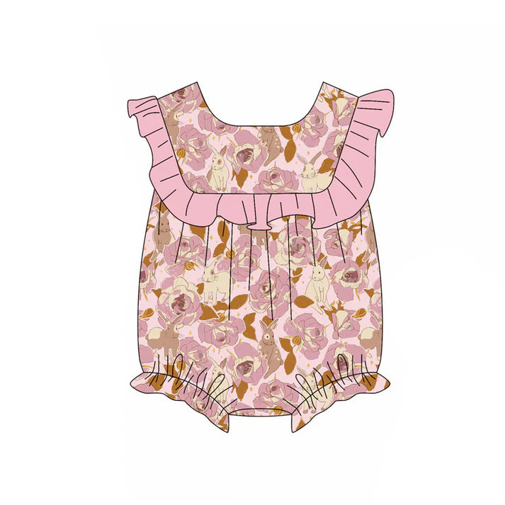 Preorder (moq 5)Baby Girls Rabbits Flowers Easter Ruffle Rompers 11.18