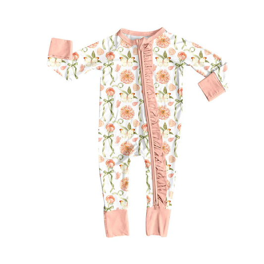 Preorder (moq 5)Baby Girls Pink Flowers Butterfly Ruffle Zipper Footie Rompers 10.9