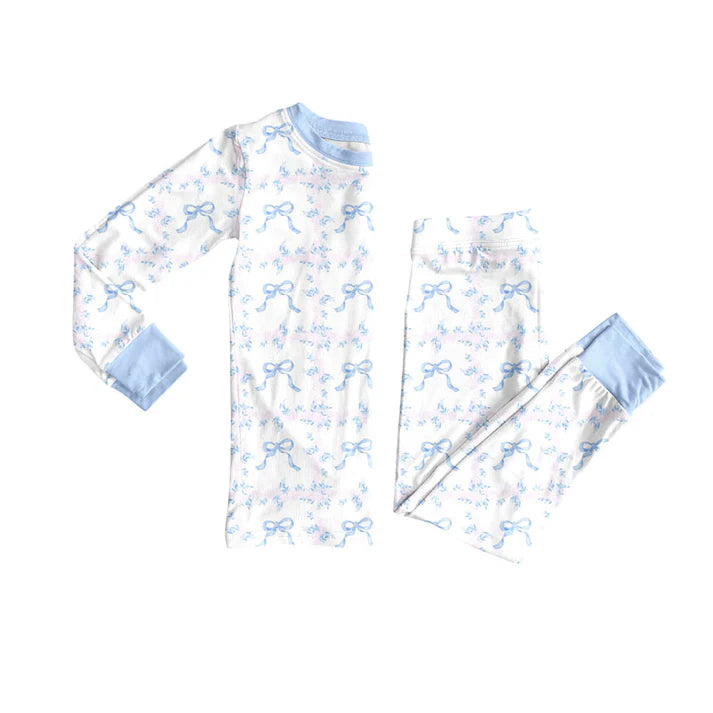 Preorder(moq 5) Baby Girls Blue Bows Flowers Top Pants Pajamas Sets 10.9