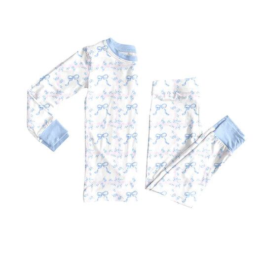 Preorder(moq 5) Baby Girls Blue Bows Flowers Top Pants Pajamas Sets 10.9