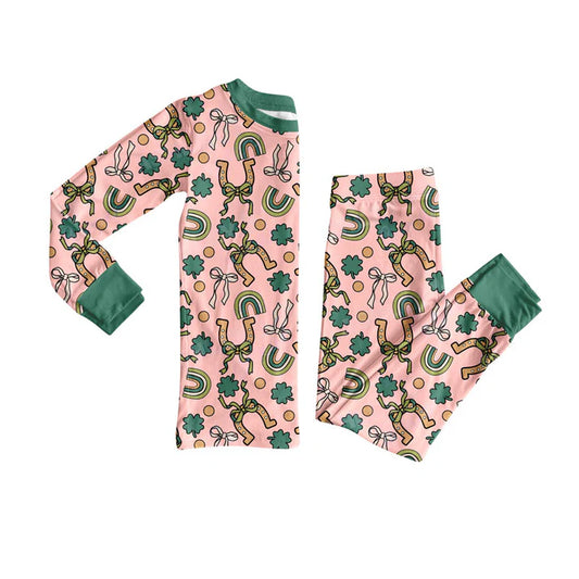 Preorder(moq 5) Baby Girls Clovers Bows Top Pants St Patrick Pajamas Sets 10.9