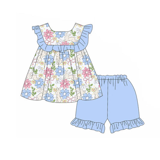 Preorder(moq 5) Baby Girls Rabbits Floral Bows Tunic Ruffle Shorts Easter Clothes Sets 11.19