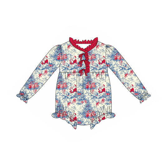 Preorder(moq 5)Baby Girls Red Santa Floral Plaid Button Ruffle Rompers 7.26