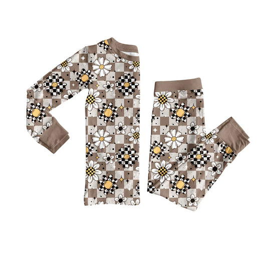 preorder(moq 5) Baby Girls Long Sleeves Khaki Flowers Plaid Top Pants Pajamas Set 7.25