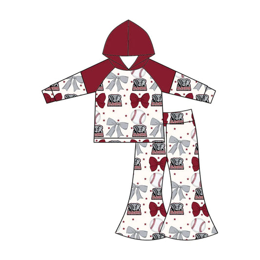 Preorder (moq 5)Baby Girls Long Sleeves Baseballs Bows Alabama Hoodie Top Bell Bottom Pant Team Set 6.16