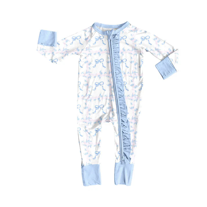 Preorder (moq 5)Baby Girls Blue Flowers Bows Ruffle Zipper Footie Rompers 10.9
