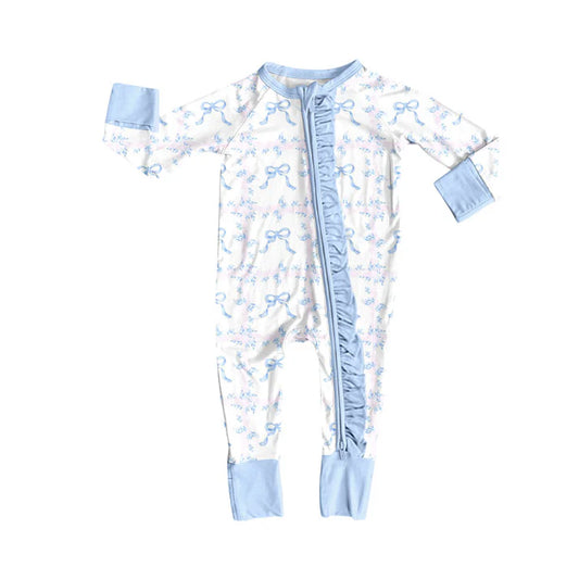 Preorder (moq 5)Baby Girls Blue Flowers Bows Ruffle Zipper Footie Rompers 10.9