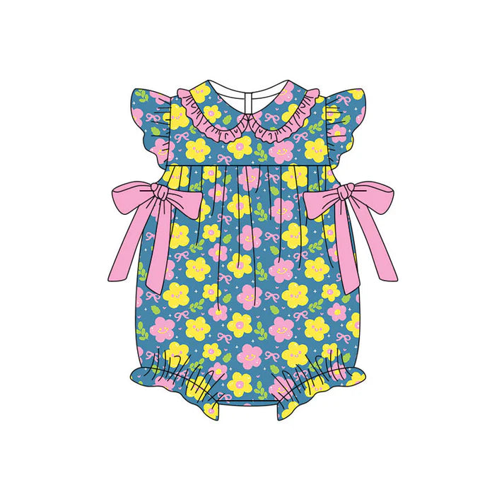 Preorder (moq 5)Baby Girls Pink Yellow Flower Bows Ruffle Collar Rompers 11.18