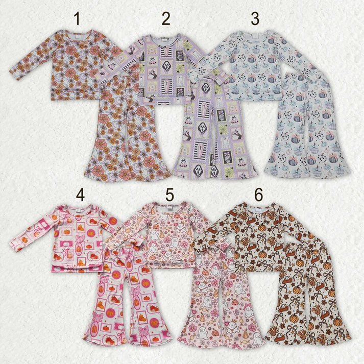 Sibling Baby Girls Ghost Pumpkins Flowers Top Flare Pant Halloween Sets
