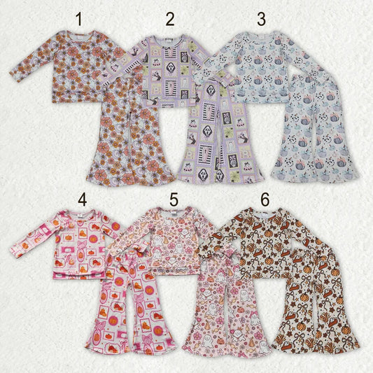 Sibling Baby Girls Ghost Pumpkins Flowers Top Flare Pant Halloween Sets