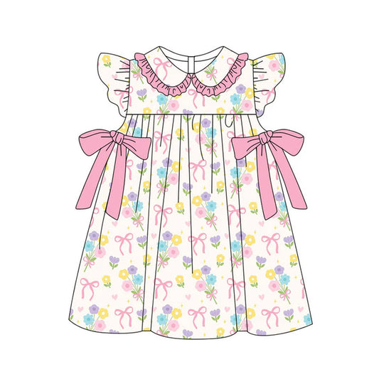 Preorder(moq 5) Baby Girls Colorful Flower Bows Ruffle Collar Knee Length Dresses 11.18