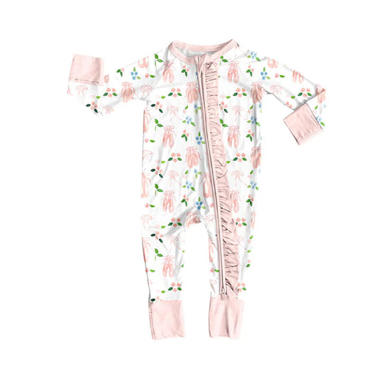 Preorder (moq 5)Baby Girls Flowers Bows Shoes Ruffle Zipper Footie Rompers 10.9