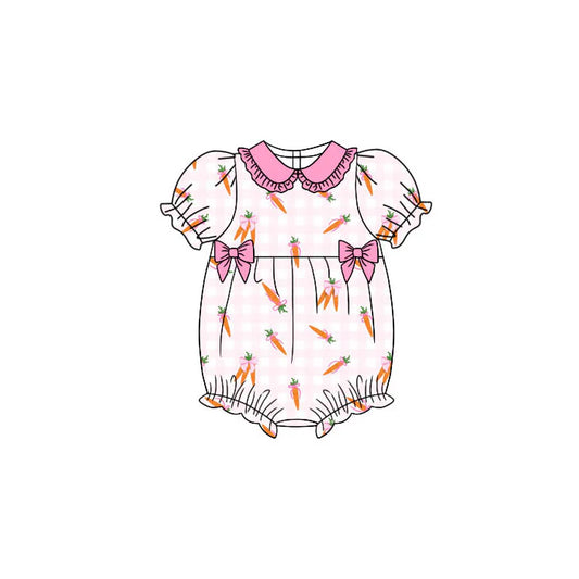 Preorder (moq 5)Baby Girls Pink Checked Carrots Bows Easter Ruffle Rompers 11.11