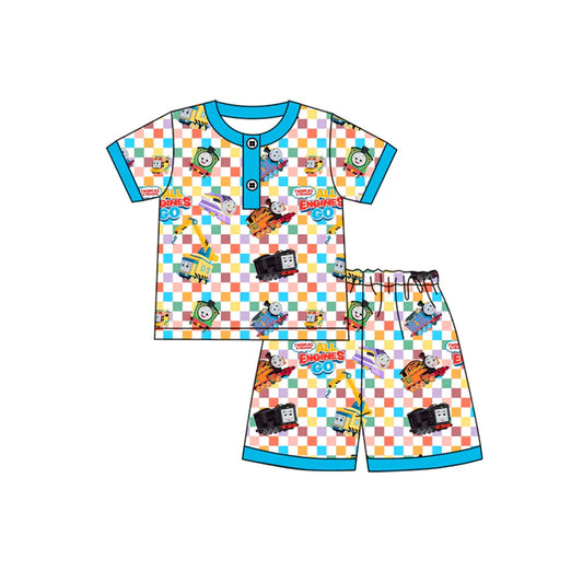 Preorder moq 5 Baby Boys Blue Plaid Short Sleeves Cartoon Trains Button Top Shorts Pajamas Set 4.14