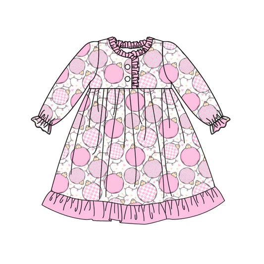 Preorder moq 5 Baby Girls Long Ruffle Sleeves Button Top Pink Bulbs Plaid Ruffle Knee Length Dresses 5.7