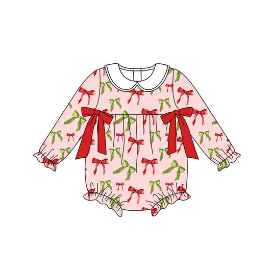 Preorder moq 5 Baby Infant Girls Long Sleeves Red Green Bows Plaid Ruffle Romper 7.14