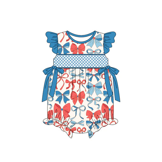 Preorder moq 5 Baby Girls Flutter Sleeves Blue Red Bows 4th Of July Ruffle Rompers 4.17