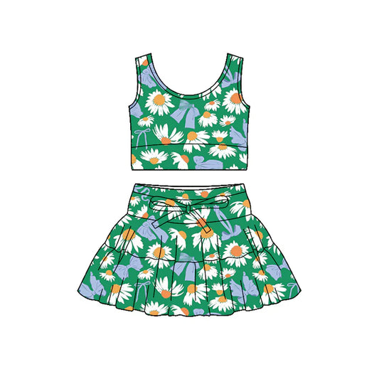 Preorder (moq 5)Baby Girls Bows Daisy Flowers Vest Top Ruffle Skirt Short Clothes Sets 1.9