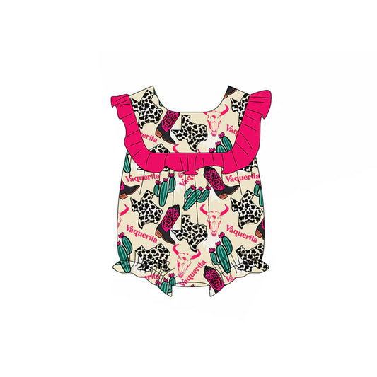 Preorder(moq 5)Baby Infant Girls Pink Sleeveless Boots Cactus Ruffle Rompers 5.15