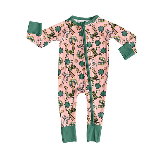 Preorder (moq 5)Baby Girls Clovers Bows St Patrick Zipper Footie Rompers 10.9