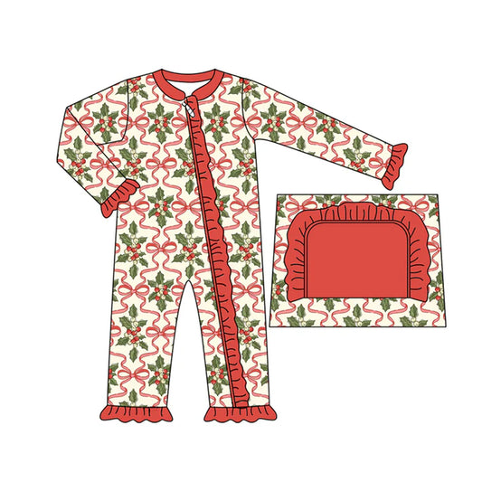 preorder(moq 5)Baby Infant Girls Red Bows Holly Plaid Ruffle Christmas Zipper Rompers 7.31
