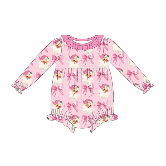 Preorder (moq 5)Baby Girls Pink Long Sleeves Bows Santa Plaid Ruffle Rompers 6.5
