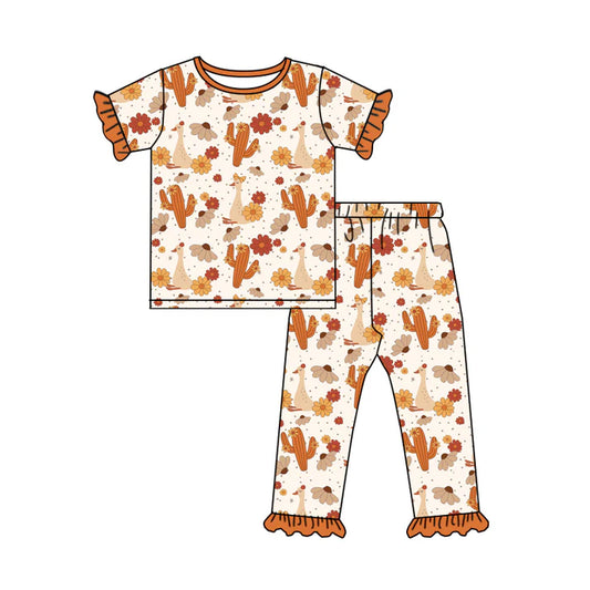 Preorder moq 5 Baby Girls Short Ruffle Sleeves Orange Flowers Cactus Top Pants Pajamas Set 5.8