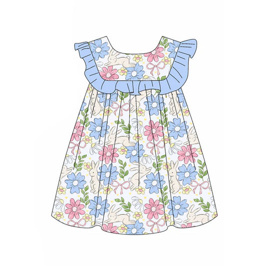 Preorder(moq 5) Baby Girls Rabbits Floral Bows Easter Knee Length Dresses 11.19