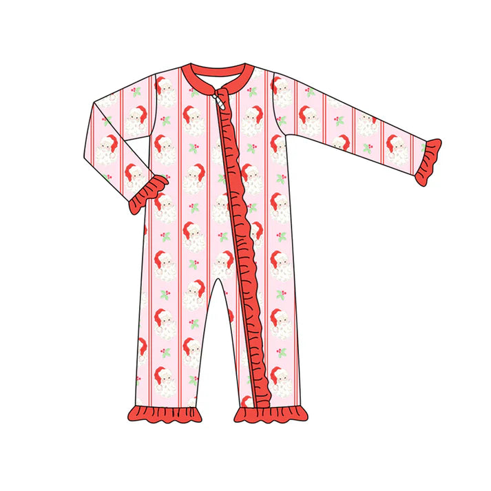 Preorder (moq 5)Baby Girls Long Sleeves Red Santa Holly Stripes Ruffle Zipper Romper 7.2