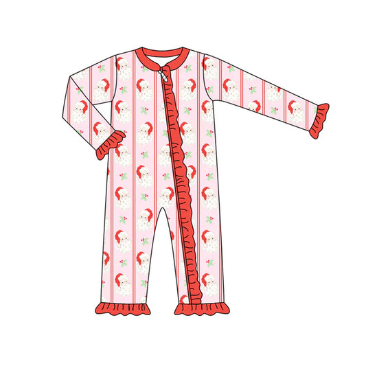 Preorder (moq 5)Baby Girls Long Sleeves Red Santa Holly Stripes Ruffle Zipper Romper 7.2