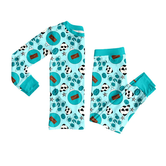 Preorder (moq 5)Baby Girls Cow Print Turquoise Bows Top Pants Pajamas Set 8.1