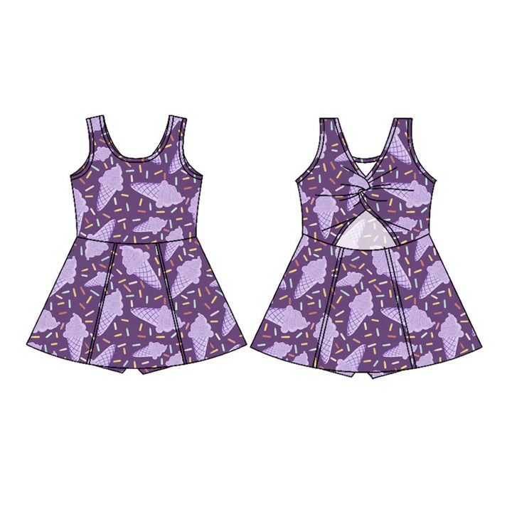 Preorder(moq 5) Baby Girls Purple Ice Cream Sprinkles Shorts Knee Length Dresses 11.18