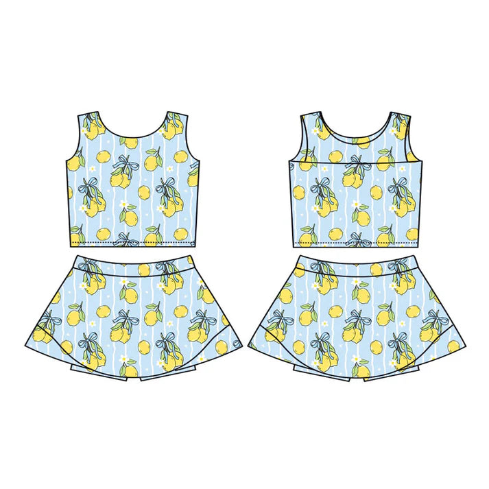 Preorder(moq 5) Baby Girls Blue Stripe Flowers Lemons Vest Skirt Shorts Clothes Sets 11.18
