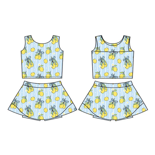 Preorder(moq 5) Baby Girls Blue Stripe Flowers Lemons Vest Skirt Shorts Clothes Sets 11.18