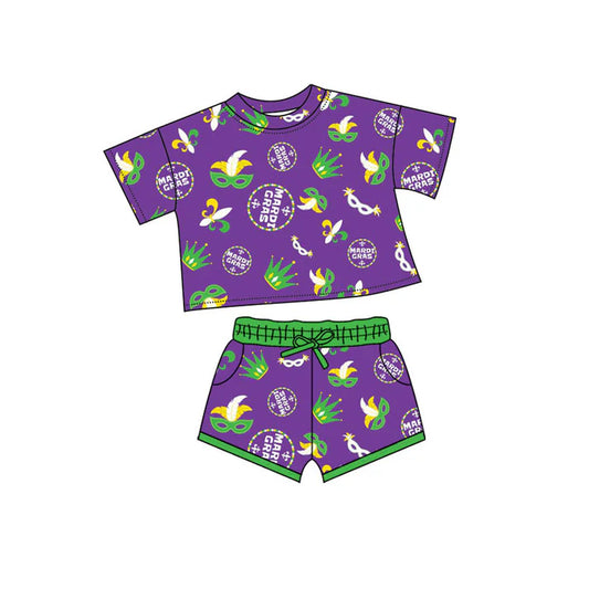 Preorder(moq 5) Baby Girls Anchors Masks Top Pockets Shorts Mardigras Clothes Sets 10.15