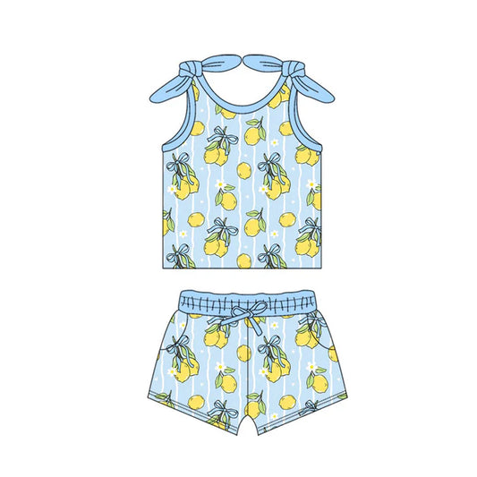 Preorder(moq 5) Baby Girls Blue Stripe Bows Lemons Top Pockets Shorts Clothes Sets 11.18