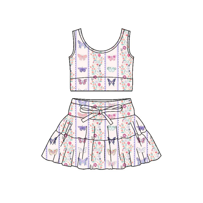Preorder (moq 5)Baby Girls Colorful Butterfly Flowers Vest Top Ruffle Skirt Short Clothes Sets 1.9