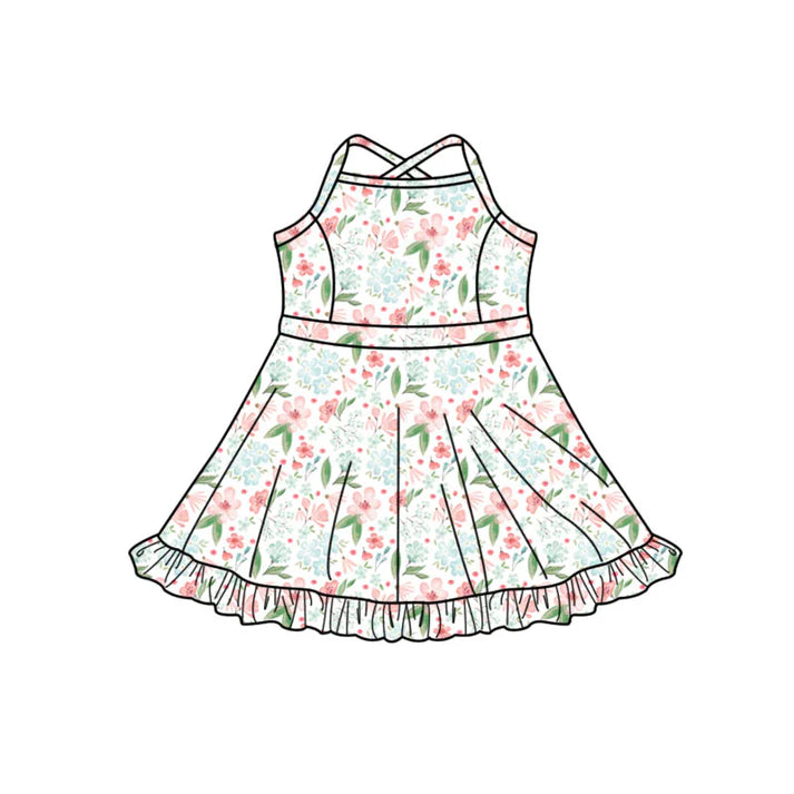 Preorder (moq 5)Baby Girls Strap Colorful Flowers Ruffle Shorts Knee Length Dresses 11.27