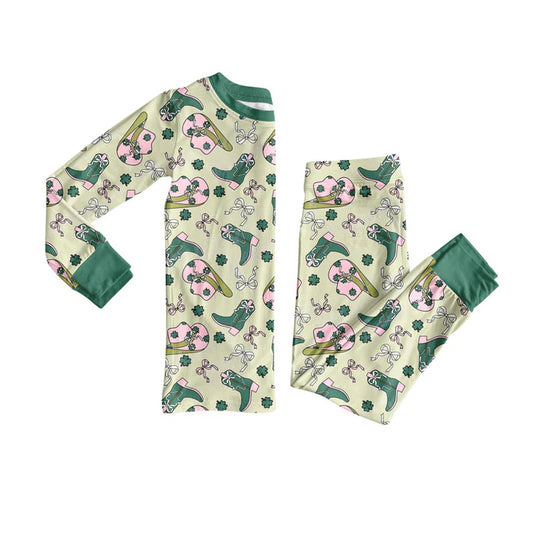 Preorder(moq 5) Baby Girls Clovers Boots Hats Top Pants St Patrick Western Pajamas Sets 10.9