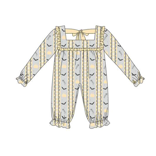 Preorder (moq 5)Baby Girls Long Sleeves Pumpkins Bats Stripes Ruffle Pant Rompers 6.5