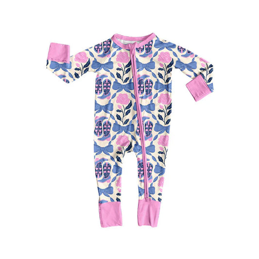Preorder (moq 8)Baby Girls Pink Blue Bows Flowers Boots Zipper Footie Rompers 9.22