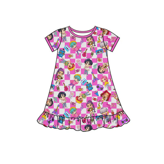 Preorder(moq 5) Baby Girls Short Sleeve Cartoon Girls Music Ruffle Knee Length Dresses 10.11