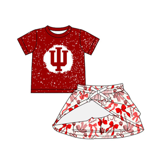 Preorder (moq 5)Baby Girls Short Sleeves Top Pink Bows Plaid Indiana Skorts Team Set 6.17